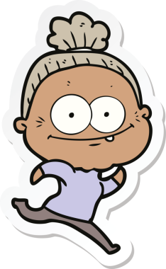 Bir insan tarafından çizilmiş mutlu yaşlı bir kadının çıkartması.