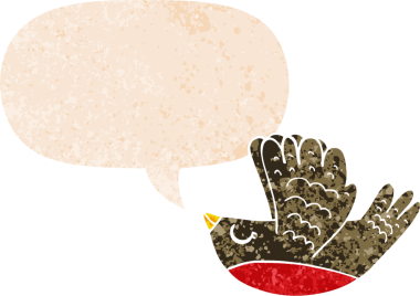 Konuşan baloncuklu uçan kuş dertli retro desenli bir insan tarafından çizilmiş.