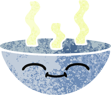 Bir insan tarafından çizilmiş sıcak bir çorba kasesinin retro çizim tarzı karikatürü.