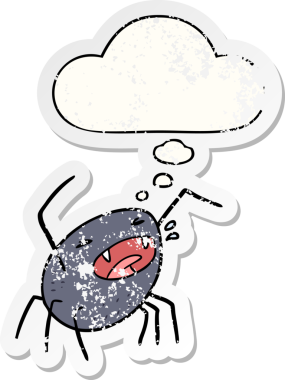 Düşünce baloncuğu olan çizgi film örümceği insan tarafından çizilmiş yıpranmış bir çıkartma.