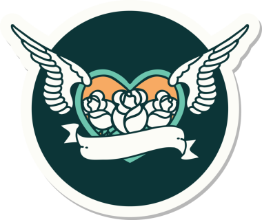 Geleneksel bir dövme stili. Uçan kalp. Çiçekler ve bir insan tarafından çizilmiş bayrak.