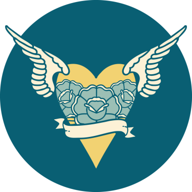 Kanatları ve pankartı insan tarafından çizilmiş bir kalbin ikonik dövme görüntüsü.