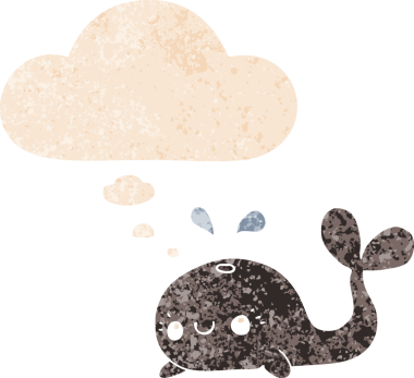 Düşünce baloncuğu içinde homurdanan sevimli çizgi film balinası bir insan tarafından çizilmiş dertli retro dokuma tarzı