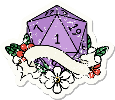 Bir insan tarafından çizilmiş doğal bir d20 zarının grunge çıkartması.