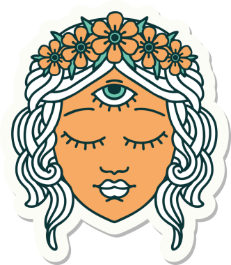 Geleneksel kadın yüzü stili dövme çıkartması. Üçüncü göz ve bir insan tarafından çizilmiş çiçek taçı.