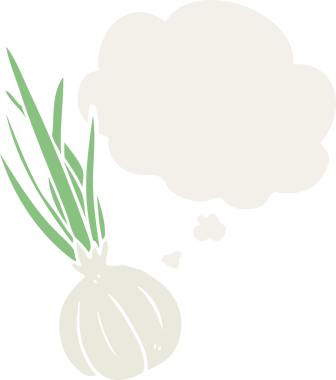 Düşünce baloncuğu olan sarımsaklı çizgi film bir insan tarafından çizilmiş.