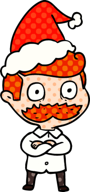 Bir insan tarafından çizilmiş Noel Baba şapkası giymiş bıyıklı bir adamın el çizimi çizgi roman tasviri.
