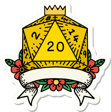 Bir insan tarafından çizilmiş 20 kritik vuruşluk D20 zar etiketi.