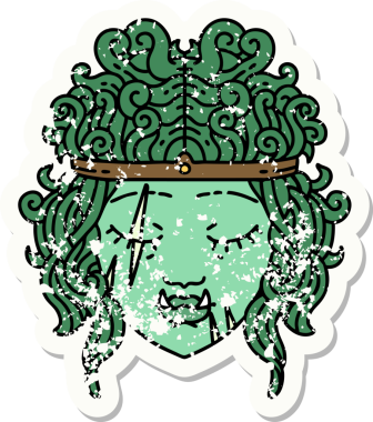 Bir insan tarafından çizilmiş ork barbar karakter yüzünün grunge sticker 'ı.