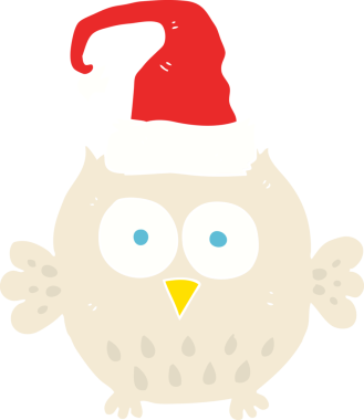 Bir insan tarafından çizilmiş Noel şapkası takan baykuşun düz renk çizimi