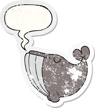 Konuşma baloncuğu olan karikatür balinası bir insan tarafından çizilmiş sıkıntılı eski bir çıkartma