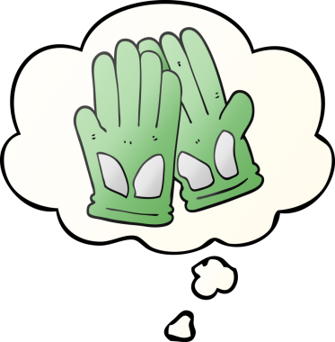 Karikatür bahçe eldivenleri. Düşünce baloncuğu insan tarafından çizilmiş.