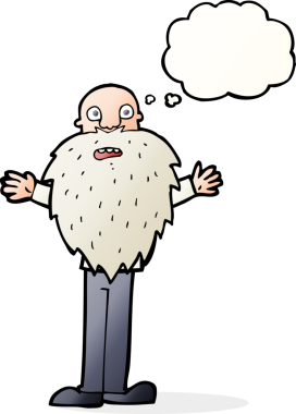 Karikatür sakallı yaşlı adam. Düşünce baloncuğu insan tarafından çizilmiş.