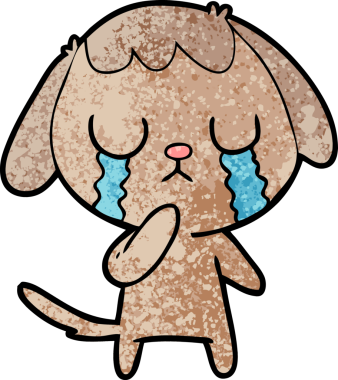 Bir insan tarafından çizilmiş şirin bir çizgi film köpeği ağlıyor.