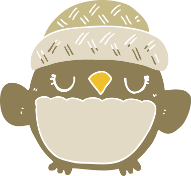 Bir insan tarafından çizilmiş şapkalı şirin düz renkli çizgi film baykuşu.