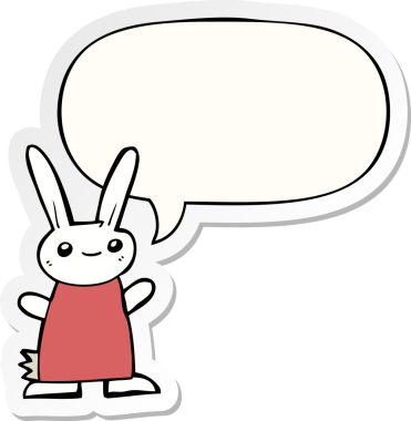 Bir insan tarafından çizilmiş baloncuk çıkartmalı şirin çizgi film tavşanı.