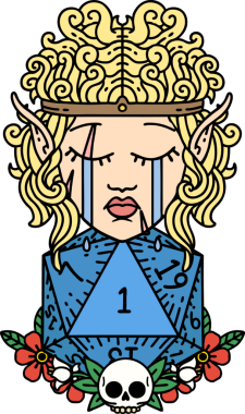 Retro Dövme Tarzı Ağlayan Elf Barbar Karakteri Bir insan tarafından çizilmiş doğal bir D20 rulosu