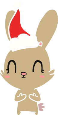 Bir insan tarafından çizilmiş Noel Baba şapkası takan bir tavşanın düz renkli çizimi.