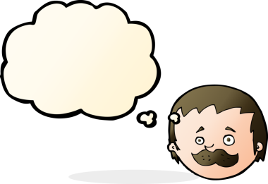 Bir insan tarafından çizilmiş düşünce baloncuklu bıyıklı çizgi film adamı.