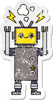 Bir insan tarafından çizilmiş sevimli bir robot çizgi film çıkartması.