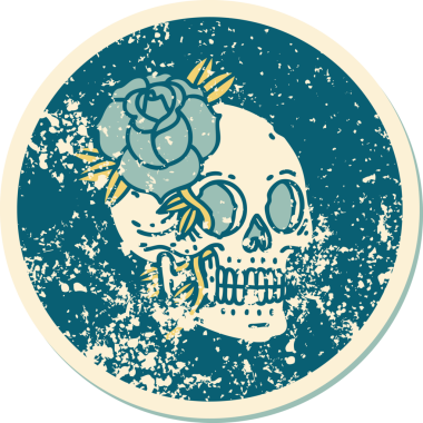 Bir insan tarafından çizilmiş kafatası ve gülün sembolik dövmeli görüntüsü.