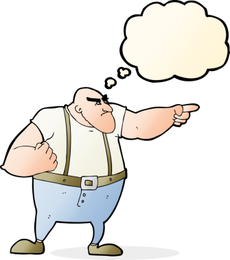 Bir insan tarafından çizilmiş düşünce baloncuğuyla işaret eden kızgın sert adam.