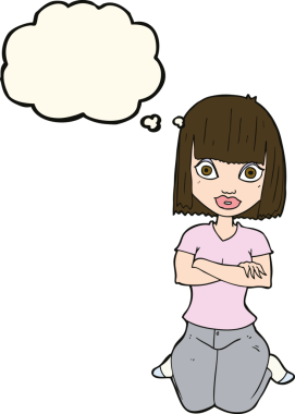 Bir insan tarafından çizilmiş düşünce baloncuğuyla diz çöken çizgi film kadını.