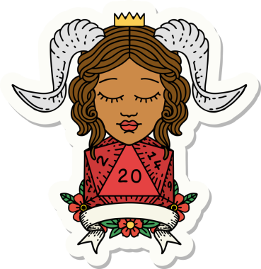 Bir insan tarafından çizilmiş doğal yirmi zarla yapıştırılmış bir etiket.