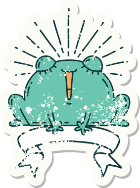 Dövme stili eski bir çıkartma. Bir insan tarafından çizilmiş mutlu kurbağa.