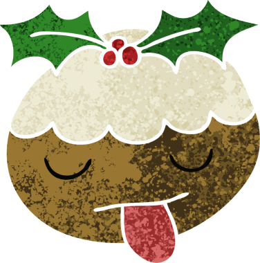 Bir insan tarafından çizilmiş retro illüstrasyon tarzı tuhaf bir çizgi film noel pudingi.