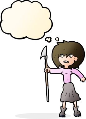 Bir insan tarafından çizilmiş düşünce balonlu zıpkınlı karikatür kadın.