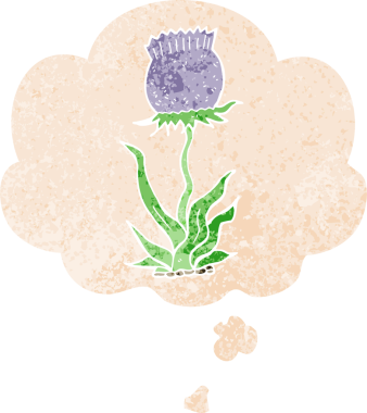 Düşünce baloncuğu olan vahşi bir çiçek, bir insan tarafından çizilmiş, eskimiş eski moda, desenli bir çizgi film.