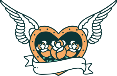 Bir insan tarafından çizilmiş çiçek ve bayrak ile uçan bir kalbin ikonik dövme görüntüsü