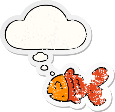 Düşünce baloncuklu karikatür balığı insan tarafından çizilmiş yıpranmış bir çıkartma gibi.