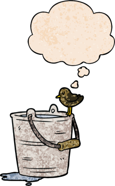 Bir insan tarafından çizilmiş grunge desenli düşünce baloncuğu olan bir kova su.