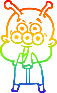 Gökkuşağı gradyanı çizimi mutlu bir çizgi film uzaylısının nefes nefese bir insan tarafından çizildi.