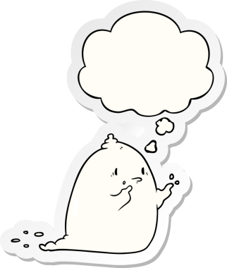 İnsan tarafından çizilmiş bir çıkartma olarak düşünce baloncuğu olan karikatürlü hayalet.