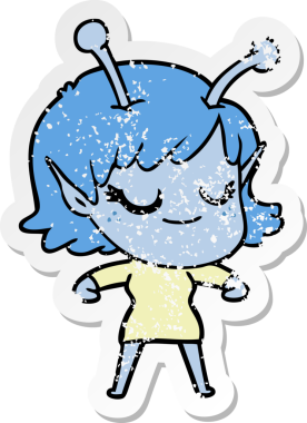 Bir insan tarafından çizilmiş gülümseyen uzaylı kız çizgi filminin sıkıntılı çıkartması.