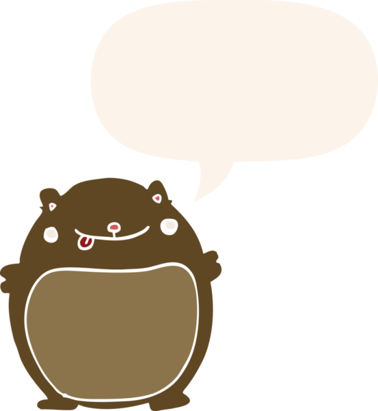 Bir insan tarafından çizilmiş eski moda konuşma baloncuğu olan şişman ayı çizgi filmi.