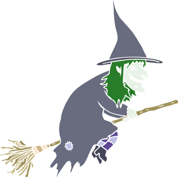 Süpürge üzerinde bir insan tarafından çizilmiş düz renkli çizgi film cadısı