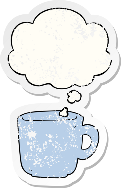 Düşünce baloncuklu çizgi film kahve fincanı insan tarafından çizilmiş yıpranmış bir çıkartma gibi.