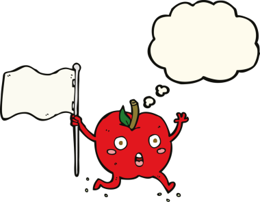 Düşünce baloncuğu çizilmiş bayraklı komik elma.