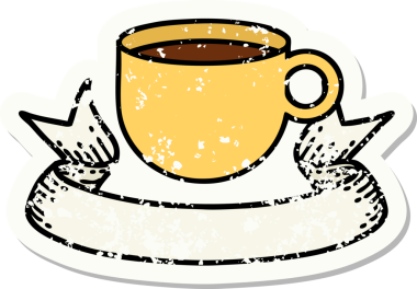 Bir insan tarafından çizilmiş kahve fincanı olan eski bir etiket.
