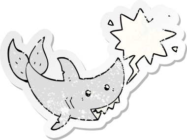 Konuşma baloncuğu olan çizgi film köpekbalığı bir insan tarafından çizilmiş sıkıntılı eski bir çıkartma