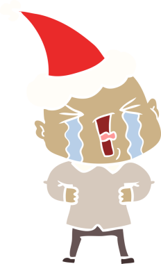 Bir insan tarafından çizilmiş Noel Baba şapkası giymiş ağlayan kel bir adamın düz renkli çizimi.