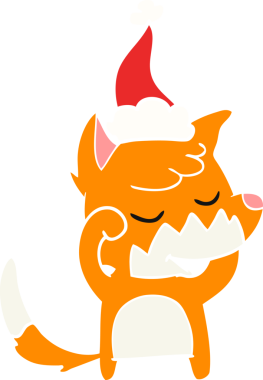 Dostça çizilmiş düz renk çizimi bir tilki uyandığında Noel Baba şapkası giymiş bir insan tarafından çizilmiş.