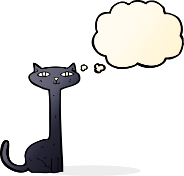 Bir insan tarafından çizilmiş düşünce baloncuklu kara kedi.