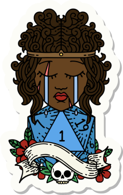 Bir insan tarafından çizilmiş doğal bir d20 rulo ile ağlayan bir insan barbarının çıkartması.