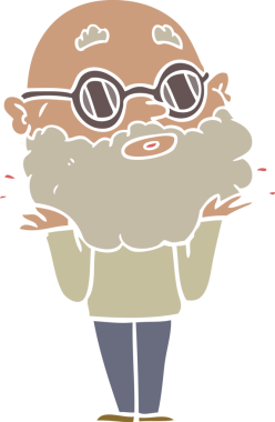 Düz renkli çizgi film meraklısı sakallı ve güneş gözlüklü bir insan tarafından çizilmiş.