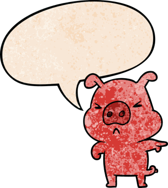 Çizgi film kızgın domuz, insan tarafından çizilmiş eski moda konuşma baloncuğuyla işaret ediliyor.